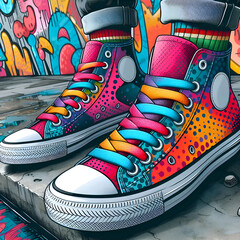 pair of colorful sneakers with graffiti wall background