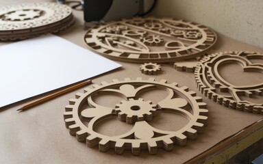 Laser Cut CNC MDF Decorative Plates Stacked in Woodworking Workshop - Design - Manufacturing - Interiors