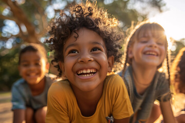 Joyful children smiling outdoors, enjoying sunny day together