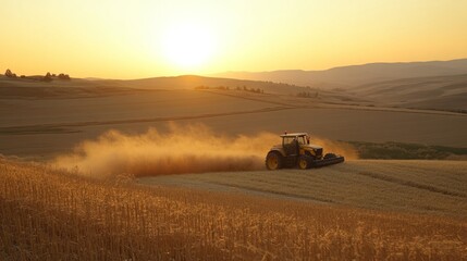 Fototapeta premium Tractor Cultivating a Field at Sunset