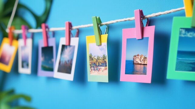 Colorful clothespins hold vibrant photo frames on a string against a bright blue background, showcasing travel memories and vacation snapshots in a creative display.