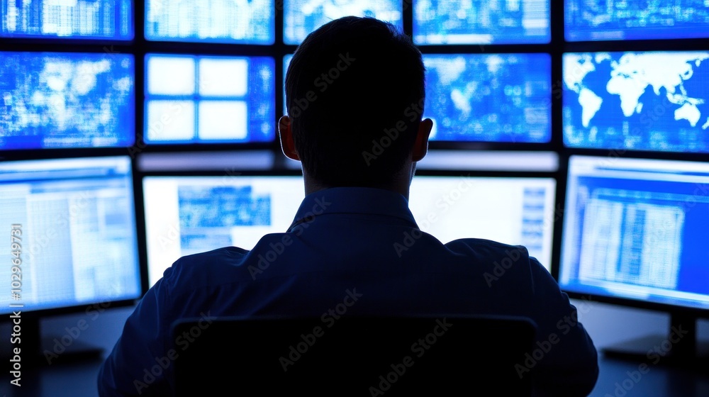 Poster A Silhouetted Man Sitting Before Multiple Computer Monitors Displaying Data