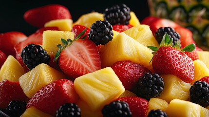 Fresh and colorful fruit salad featuring pineapple, strawberries, and blackberries, perfect for healthy snack or dessert. vibrant colors and textures create inviting and delicious presentation