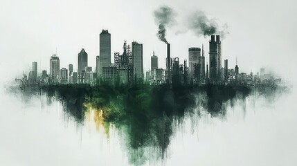 Obraz premium Industrial city skyline with green trees under a misty atmosphere, symbolizing nature and industry coexisting.