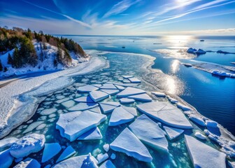 From above, the frozen expanse of Lake Superior reveals ethereal ice floes, creating a breathtaking winter wonderland under clear blue skies. Nature&rsquo;s magic on display.