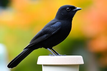 Fototapeta premium Bird silhouette on a plain feeder, with soft neutral tones