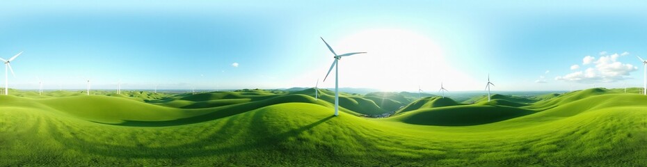 Fototapeta premium 360 degree Rolling Hills with Wind Turbines, 360 degree photo. HDRI spherical panorama.