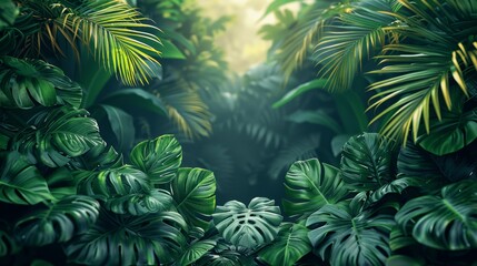 Lush Tropical Jungle Background with Green Palm and Monstera Leaves, Nature Summer Banner