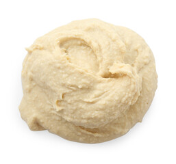 Sample of delicious hummus isolated on white, top view