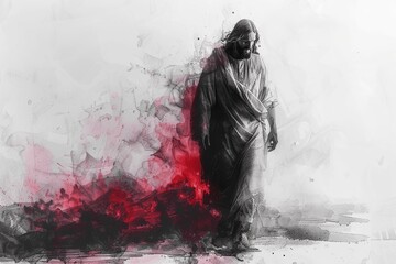 Pencil Drawing of Jesus Walking on White Background