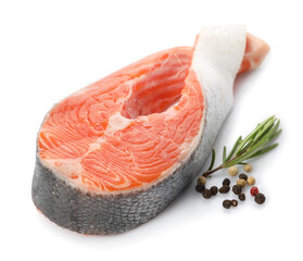 Fresh salmon steak, peppercorns and rosemary isolated on white