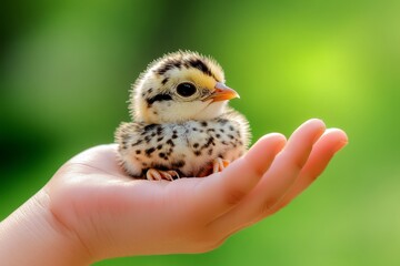 Close-up of a child's hand holding a baby bird, every feather in sharp detail