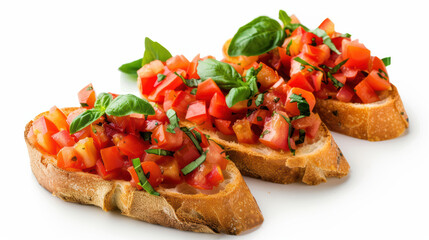 Fresh and vibrant bruschetta topped with diced tomatoes, basil, and herbs, served on crispy toasted bread. delightful appetizer perfect for any gathering
