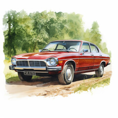 Fototapeta premium Classic Red Vintage Car Illustration on Countryside Road - Detailed Antique Automobile Art Print
