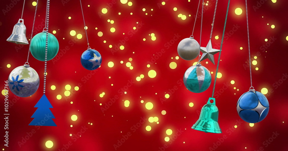 Sticker Image of christmas baubles over light spots on red background