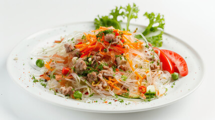 Delicious glass noodles topped with minced meat, fresh vegetables, and herbs create vibrant and appetizing dish. colorful presentation is sure to entice anyone