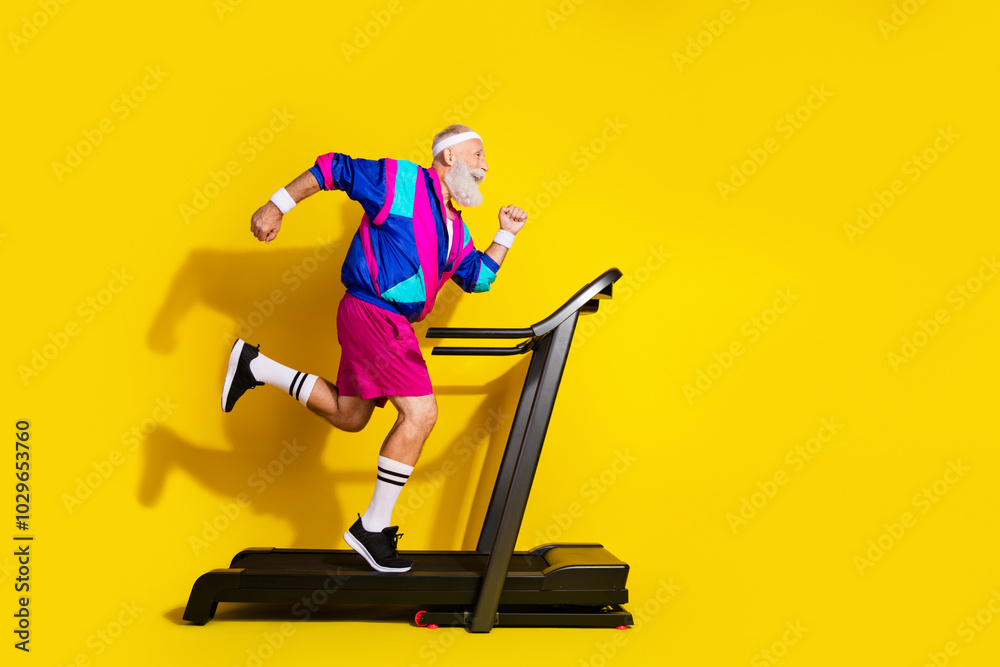 Poster Full length photo of funny aged sportsman run treadmill empty space retro uniform isolated on yellow color background