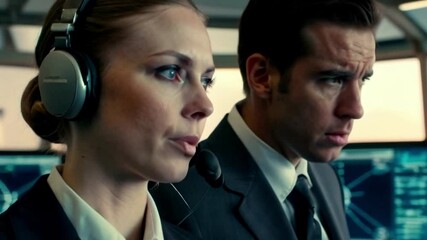 A young woman with a determined expression, wearing an air traffic controller headset, stands in a modern airport tower office filled with desktop computers and navigation screens.
