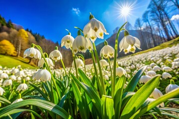 Obraz premium In a panoramic landscape, blooming spring snowflake flowers dance amidst lush greenery, framed by bright blue skies, offering a tranquil and beautiful natural scene.