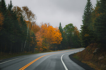 Fototapeta premium A misty road cutting through a vibrant autumn forest, with colorful fall foliage blanketing the mountains in the background, creating a serene and atmospheric scene.