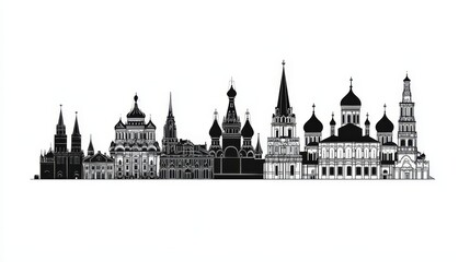Fototapeta premium Donetsk city skyline silhouette featuring black buildings against a white background, illustrating key landmarks that highlight the blend of modern and historic architecture for business and tourism