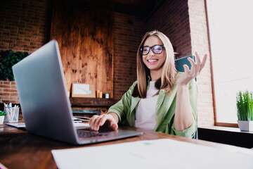 Photo of sweet charming lady assistant wear shirt glasses communicating modern gadget indoors...