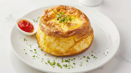 Fluffy and golden, this delicious souffle is served on white plate with side of tangy sauce. Perfect for delightful brunch or savory snack, it showcases culinary artistry