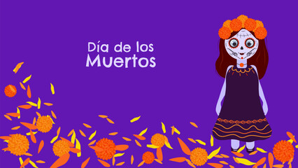 Day of Dead. Dia De Los Muertos. Traditional Mexican holiday honoring the souls of the deceased. Girl and path of marigolds. Design postcard banner. Vector.