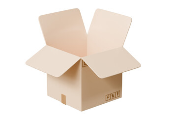 3D Realistic Open box parcel icon. Minimal Unboxing cardboard box, cargo box, delivery box icon isolated on purple background. Shipping delivery transportation logistic service concept. 3d render.