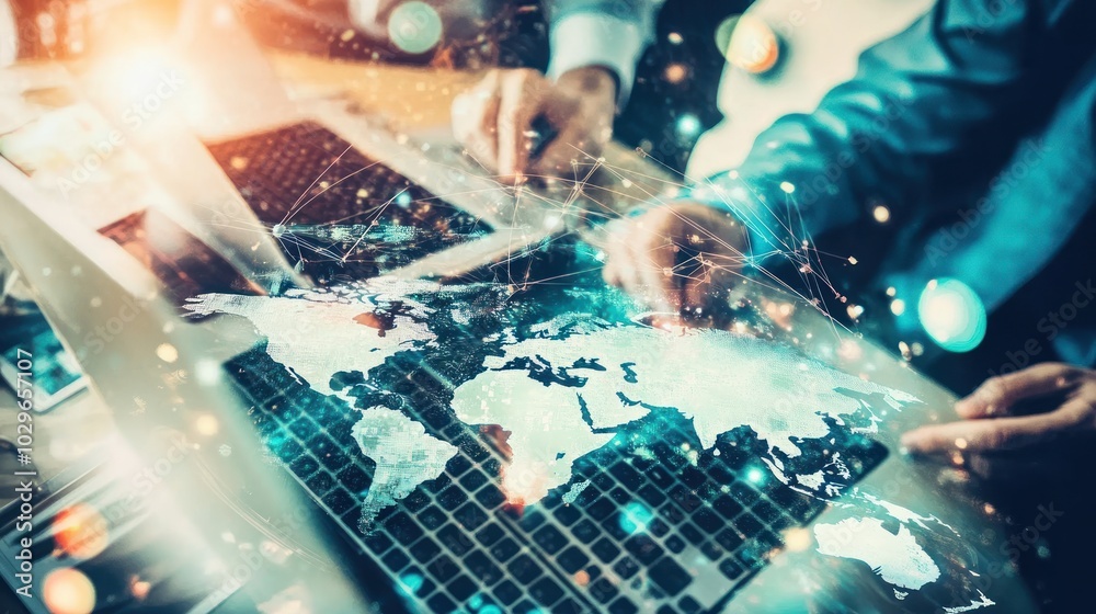 Poster Hands Interacting with Laptop Screen Displaying World Map and Network Connections