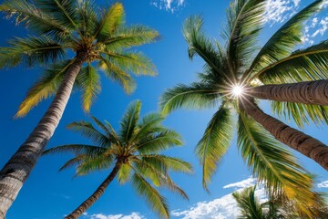 Palm tree branches swaying under a bright midday sun, with a clear blue sky