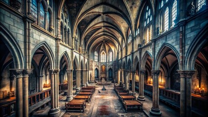 Obraz premium Abandoned Cathedral Interior in Black and White Tilt-Shift Photography