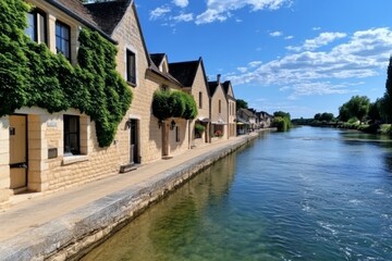 Picturesque village with ivy-covered houses, along the banks of a slow-moving river