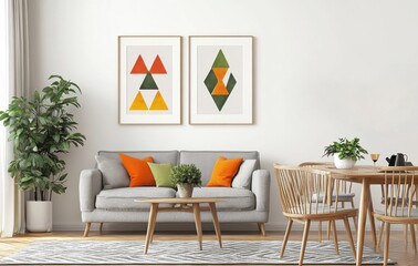 A modern living room with abstract art, gray sofa, orange accents, and wooden dining set.