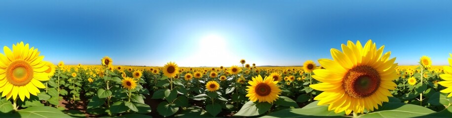 Obraz premium 360 degree Sunflower Field Under a Blue Sky, 360 degree photo. HDRI spherical panorama.