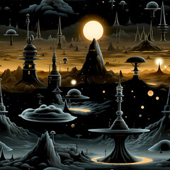 Futuristic Alien Planet Landscape Seamless Pattern with Sci-Fi Structures