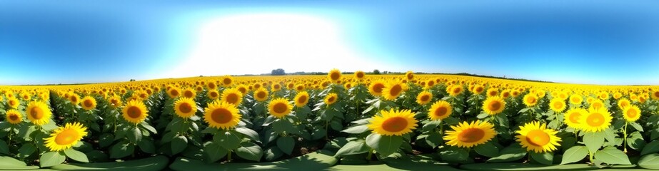 Obraz premium 360 degree Sunflower Field Under a Blue Sky, 360 degree photo. HDRI spherical panorama.
