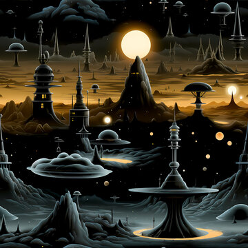 Futuristic Alien Planet Landscape Seamless Pattern with Sci-Fi Structures