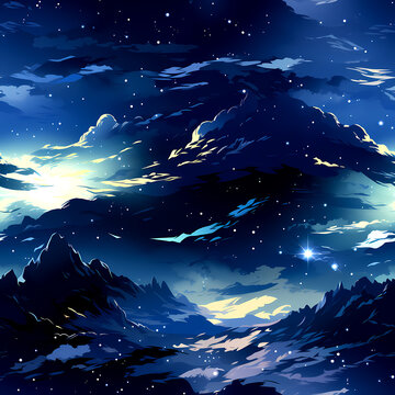 Seamless Fantasy Landscape Pattern with Mountains and Clouds