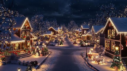Merry Moment and Activities Christmas lights display in a neighborhood, houses fully decorated, 3D illustration