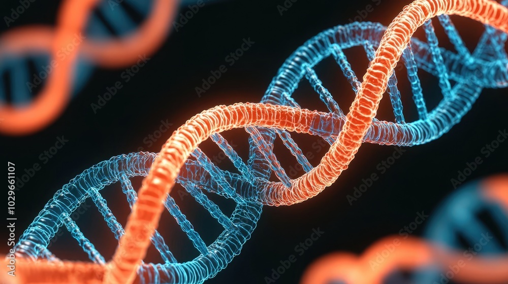 Poster A close-up view of a colorful DNA double helix structure, showcasing intricate details in vibrant blue and orange light.