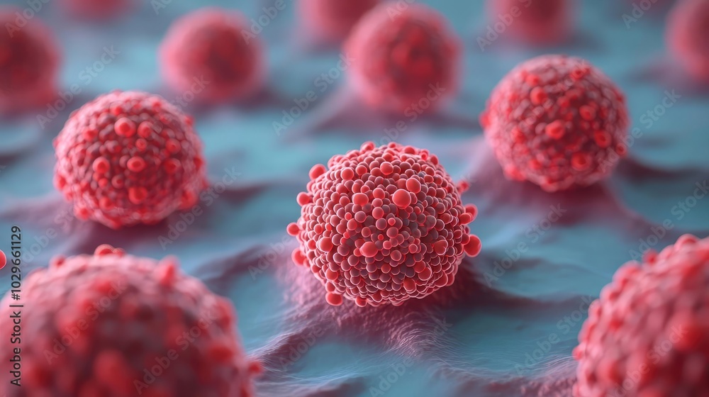 Poster Close-up view of red cancer cells on a blue background, showcasing intricate details and cellular structures in a scientific context.