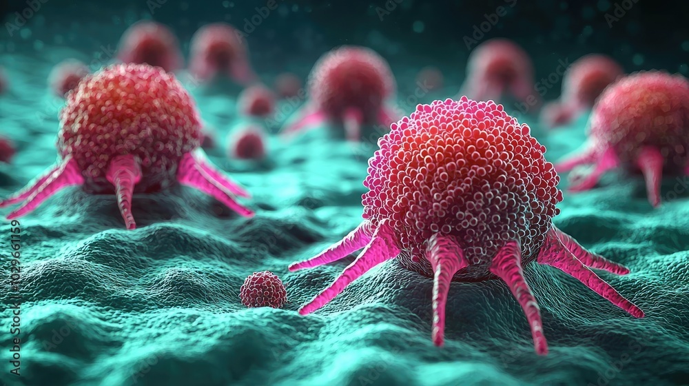 Poster detailed illustration of cancer cells exhibiting unique structures and colors, highlighting their bi