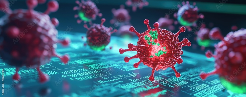 Aufkleber 3d rendering of a virus on a digital background, symbolizing infection and disease in a technologica