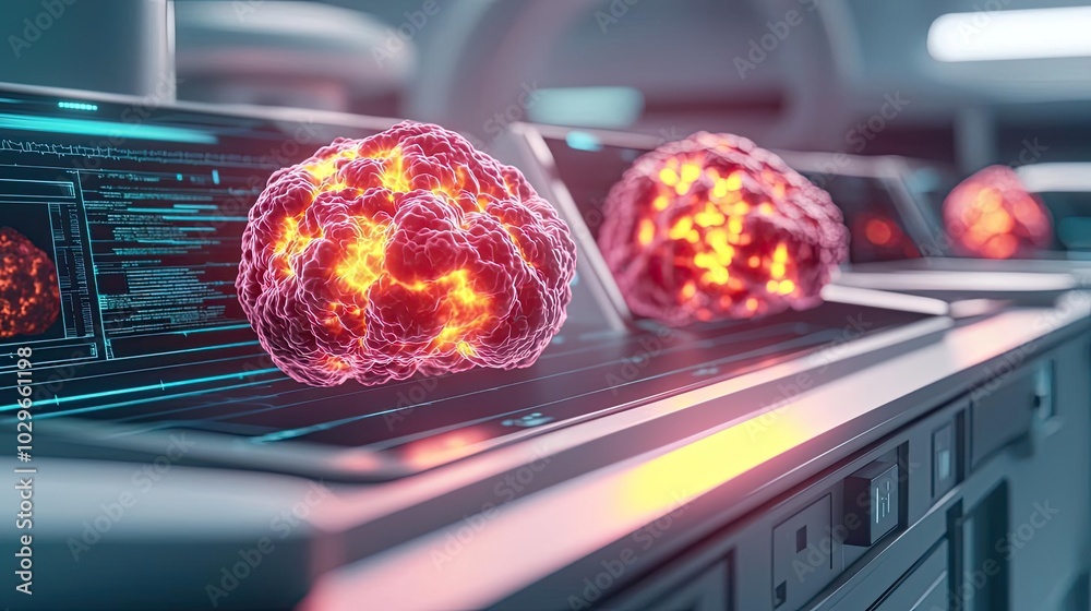 Poster futuristic digital representation of a brain, glowing with vibrant colors, set in a high-tech labora