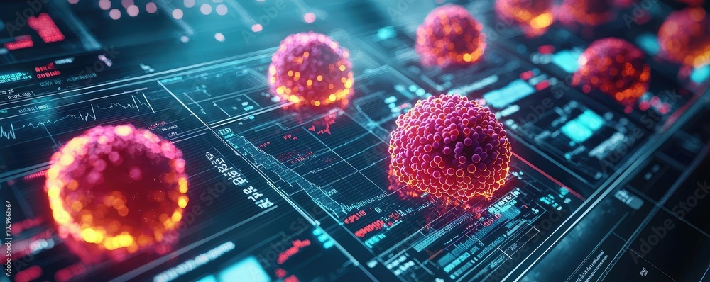 Poster close-up view of digital cells on a futuristic interface, showcasing technology and biology integrat