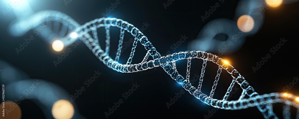 Poster A detailed close-up of a DNA strand, showcasing its unique double-helix structure and intricate design with glowing elements.