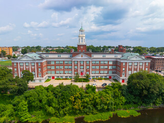 William E Tolman High School aerial view in downtown Pawtucket, Rhode Island RI, USA.