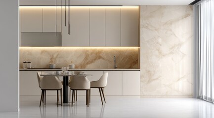 A sleek kitchen with neutral tones, marble textures, and minimalist design featuring elegant dining setup.