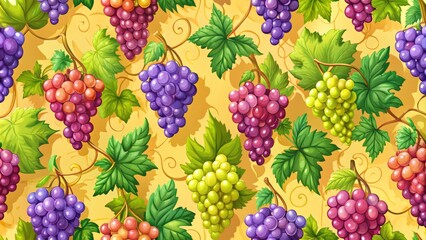Seamless vector pattern featuring cartoon-style grapes and vines, showcasing vibrant colors and playful designs, perfect for fabric, wallpapers, and various graphic projects.